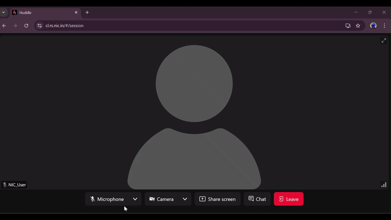 Screenshot of the meeting interface showing microphone, camera, screen share, and chat options.